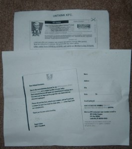 KFC gave out this rain check Thursday (May 7). No more chicken. The original coupon is on top. The offer for two free pieces of grilled chicken, two sides and a biscuit was valid until May 19.